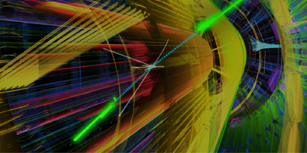 Artist's rendition of a high-energy collision inside a particle detector
